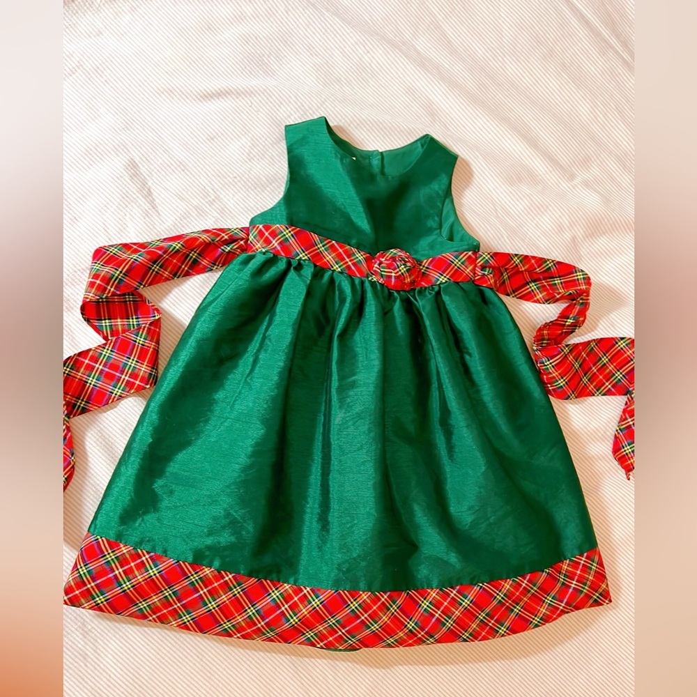 LAURA ASHLEY LONDON Holiday GIRLS LINED DRESS GREEN WITH RED PLAID TRIM Sz 4T - Picture 2 of 12